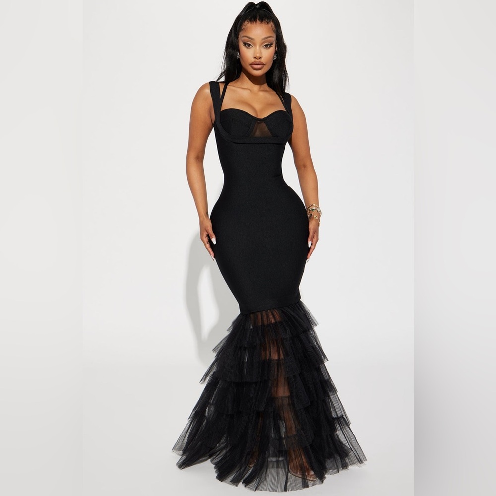 Fashion Nova Charline Tulle Bandage Gown Stretchy Fitted Mermaid Black Size M